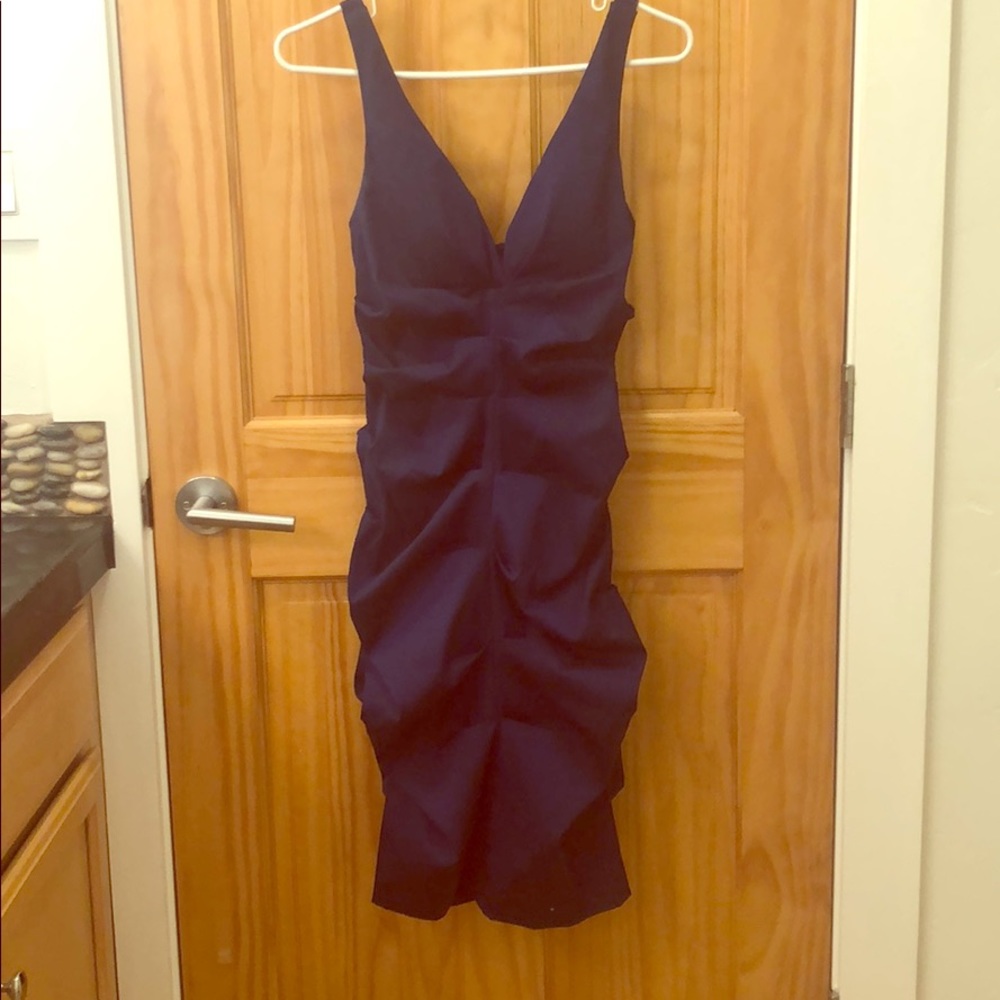 Xscape blue vneck party dress